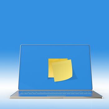 Yellow sticky note post on 3d laptop computer as concept