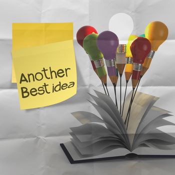 drawing idea pencil and light bulb concept outside the book with sticky note  on crumpled paper as creative concept