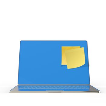 Yellow sticky note post on 3d laptop computer as concept