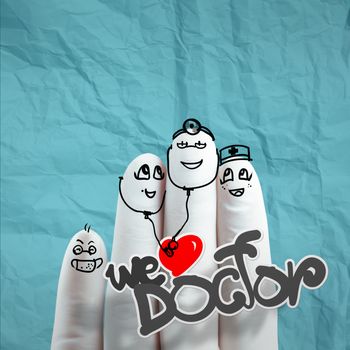 lovely family hand drawn and finger,doctor and nurse,we love doctor concept on crumpled paper background