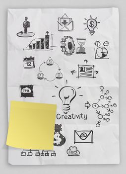 business concept on crumpled paper and sticky note background 
