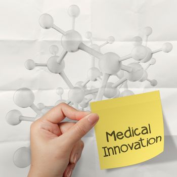 hand holding meducal innovation on sticky note Molecule white 3d on crumpled paper background as concept