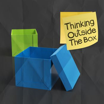 thinking outside the box on crumpled sticky note paper as concept