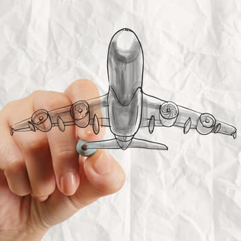 hand drawing airplane with crumpled paper background as concept