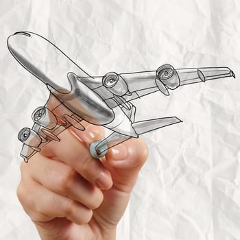 hand drawing airplane with crumpled paper background as concept