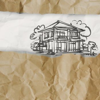hand drawn house on wrinkled paper as concept