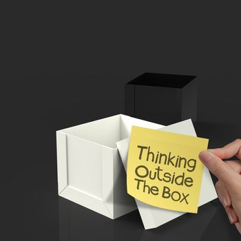 thinking outside the box on crumpled sticky note paper as concept