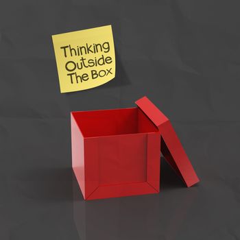 sticky note with thinking outside the box on dark crumpled paper as concept