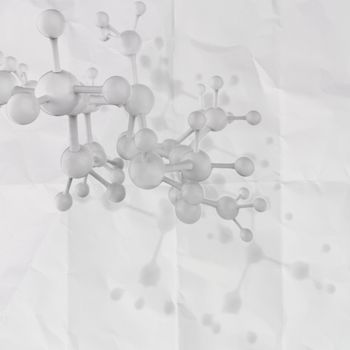 Molecule white 3d on crumpled paper background as concept