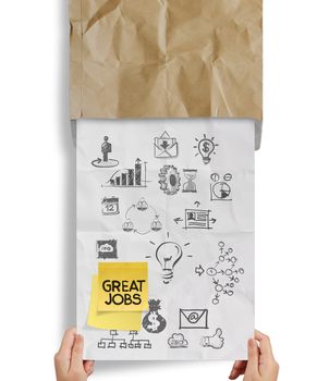 great jobs words sticky note with business strategy crumpled envelope paper as concept