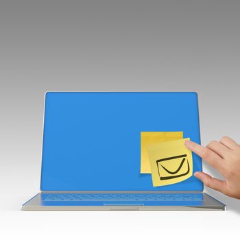  e-mail sign on sticky note on 3d laptop computer as concept