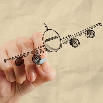 hand drawing airplane with crumpled paper background as concept