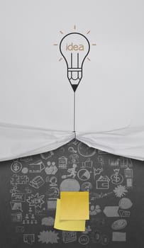 pencil lightbulb draw rope open wrinkled paper show blank sticky note and business strategy as concept