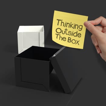 thinking outside the box on crumpled sticky note paper as concept