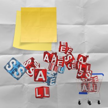 sticky note with sale word and 3d shopping cart sale on crumpled paper background as concept
