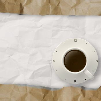 3d cup of coffee and clock on crumpled paper background as concept