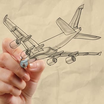 hand drawing airplane with crumpled paper background as concept