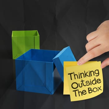 thinking outside the box on crumpled sticky note paper as concept