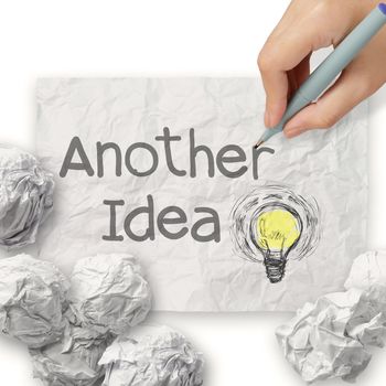 hand draws another idea light bulb with recycle envelope background as creative concept