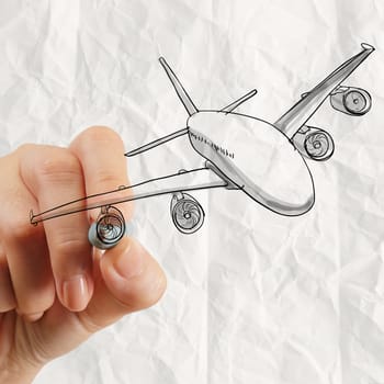 hand drawing airplane with crumpled paper background as concept