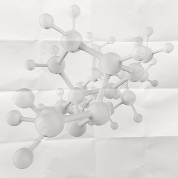 Molecule white 3d on crumpled paper background as concept