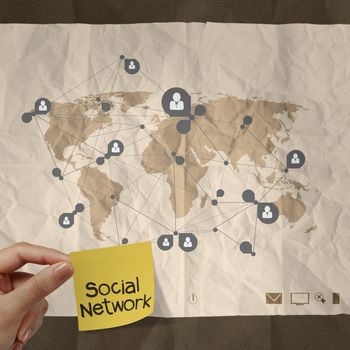 hand holding sticky note social network 3d stainless human social network on crumpled paper as concept