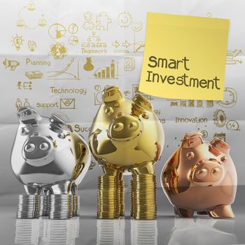 smart investment with sticky note on winner piggy bank as concept