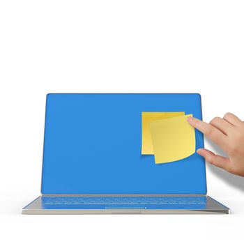 Yellow sticky note post on 3d laptop computer as concept