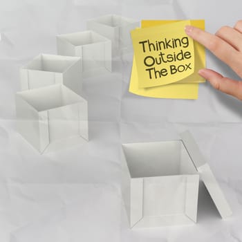 thinking outside the box on crumpled sticky note paper as concept