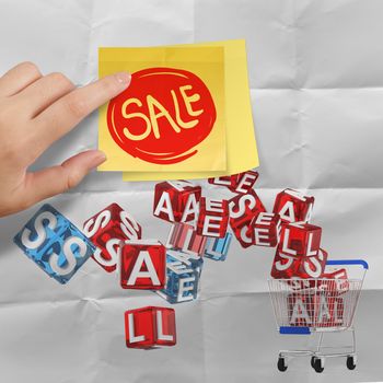 sticky note with sale word and 3d shopping cart sale on crumpled paper background as concept