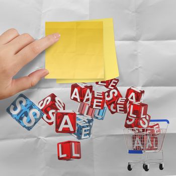 sticky note with sale word and 3d shopping cart sale on crumpled paper background as concept