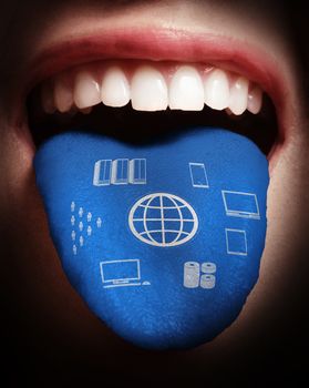 woman with open mouth spreading tongue colored in social network as concept