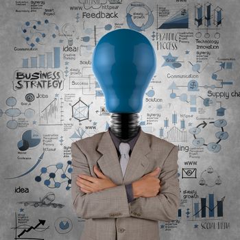 businessman light bulb 3d blue head with business strategy background as concept