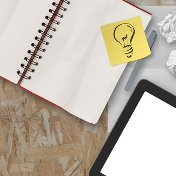 Notebook and pen and tablet on recycle wood table background