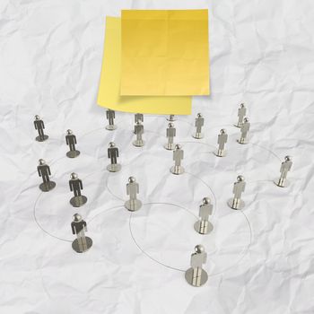  sticky note with human social network and leadership on crumpled paper background as concept