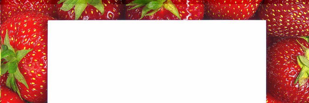 Juicy organic strawberries on background with white mockup card