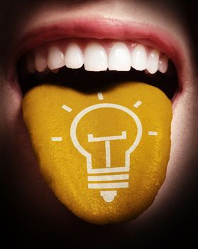 woman with open mouth spreading tongue colored in blue and lightbulb as concept