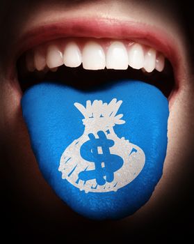 woman with open mouth spreading tongue colored in money bag as concept