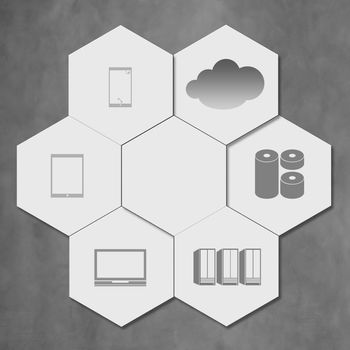 cloud networking on hexagon icon tile as concept