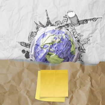 sticky note on recycle envelope with crumpled paper and traveling around the world as vintage style concept