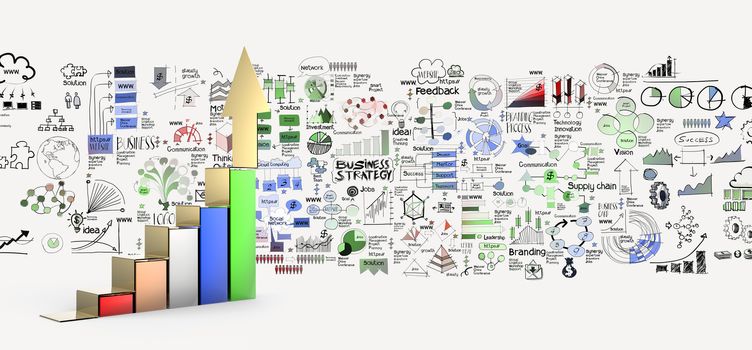 business graph 3d and hand drawn business strategy as concept