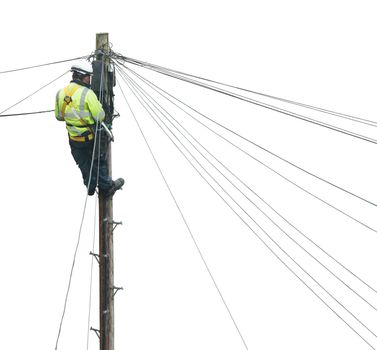 Isolated Lineman (Or Lineworker or Engineer) Fixing A Telephone Line