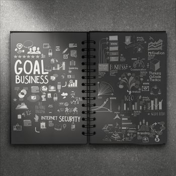 hand drawn book of goal success business strategy on dark background as concept