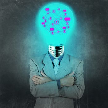 businessman with lamp-head as social network concept vintage style