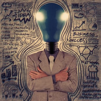 businessman with blue light bulb head as vintage style