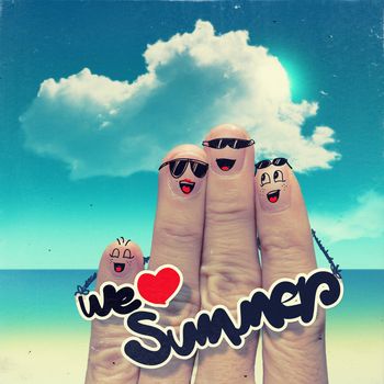 Finger family travels at the beach and we love summer word as vintage style concept.