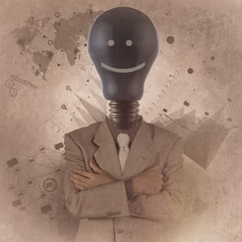 businessman with blue light bulb head as business concept with vintage style