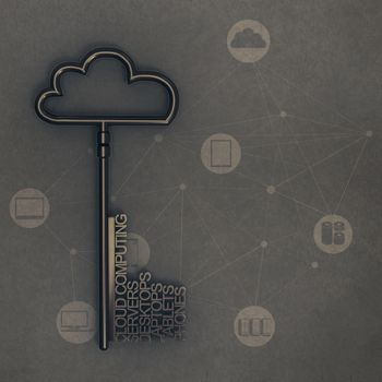 Cloud computing diagram with metallic cloud and the key as vintage style concept