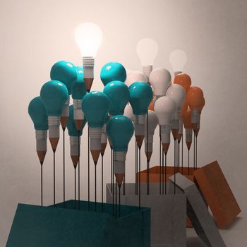 drawing idea pencil and light bulb concept outside the box as creative as vintage style concept
