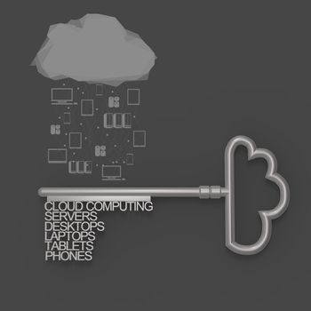 Cloud computing diagram with metallic cloud and the key as concept